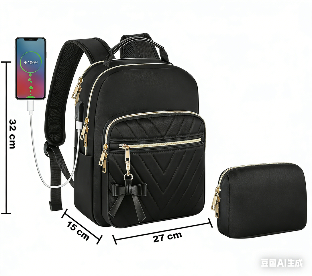 Petit sac à dos scolaire femme élégant Et ensemble portefeuille 2-en-1 Imperméable Sac à dos urbain décontracté avec port de charge USB Sac à main moderne pour voyage travail Noir