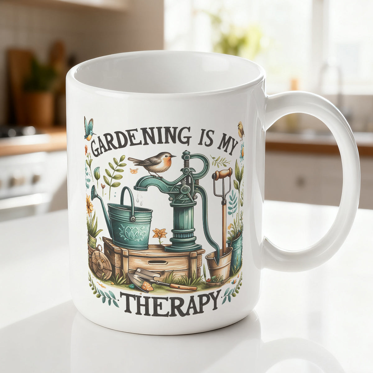 Alphynix Mug en céramique blanc 1 pièce 11 oz avec arrosoir, pelle et fleurs épanouies avec oiseau