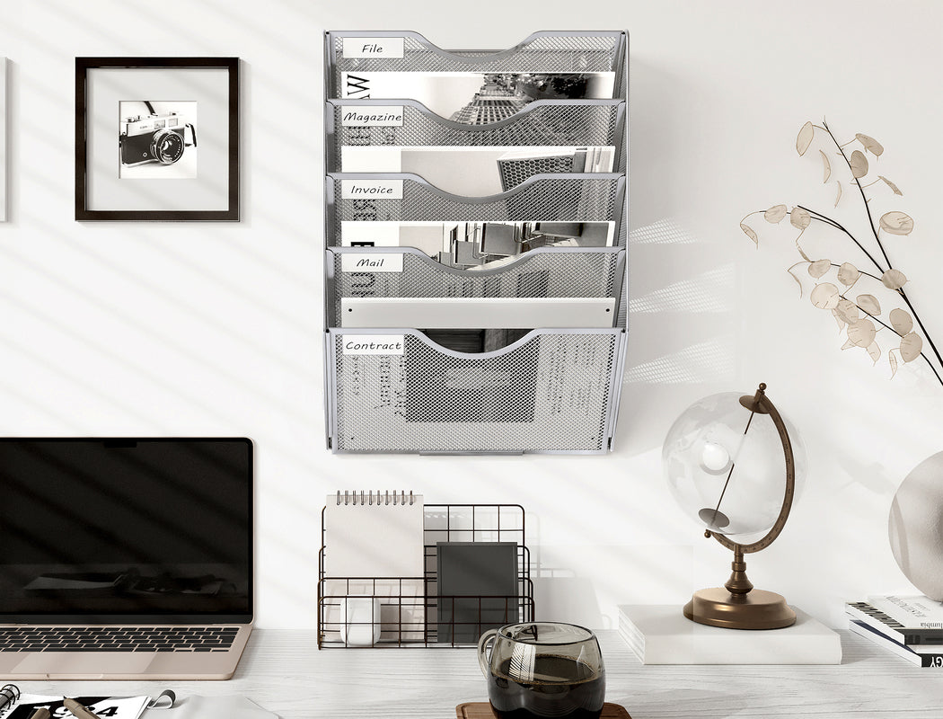 Senhoglb Porte-documents mural A4 en maille 5 niveaux Argent