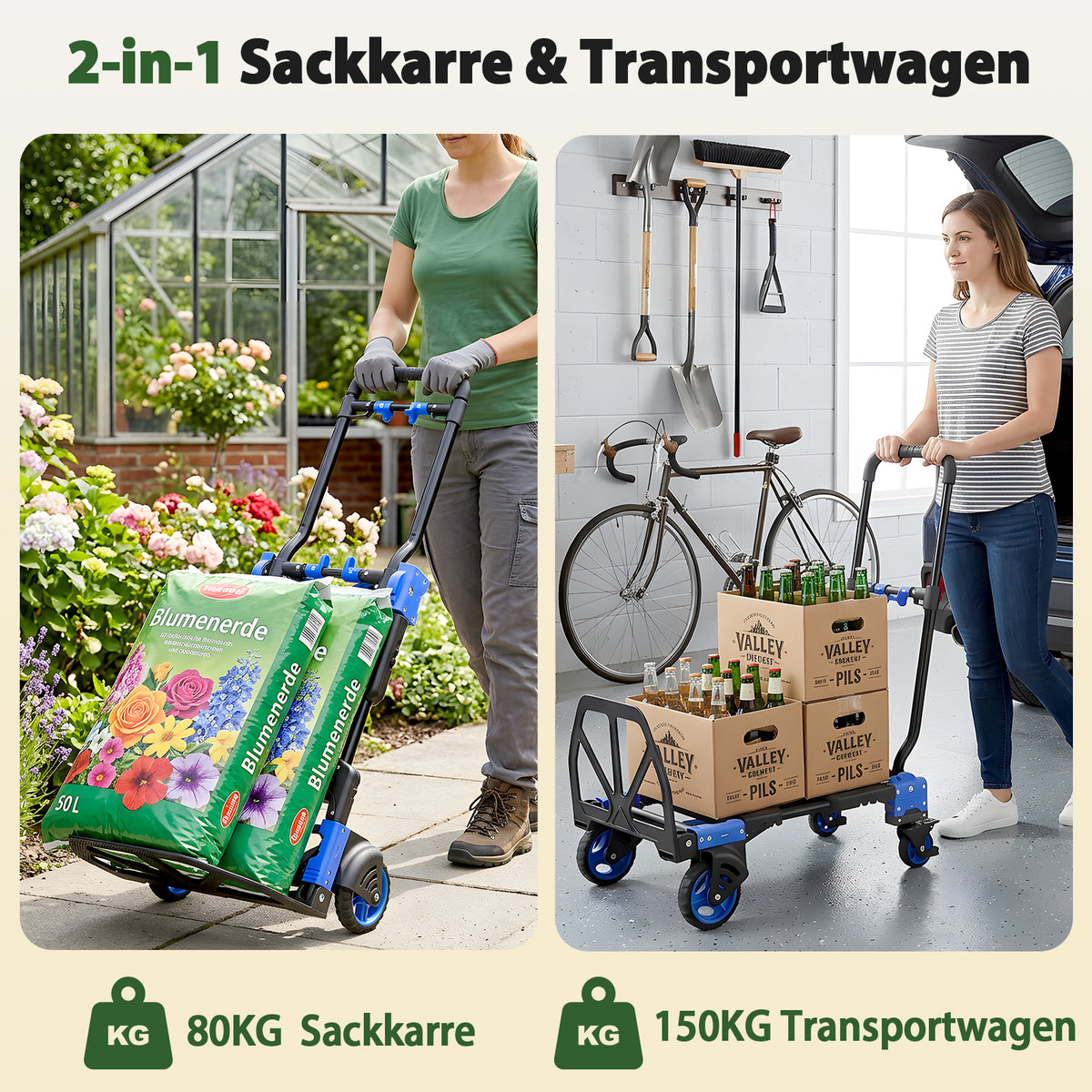 Sekey Diable pliable 2-en-1, Chariot de transport pliable en aluminium, Diable pliable et chariot plateforme, Charge maximale 150 kg