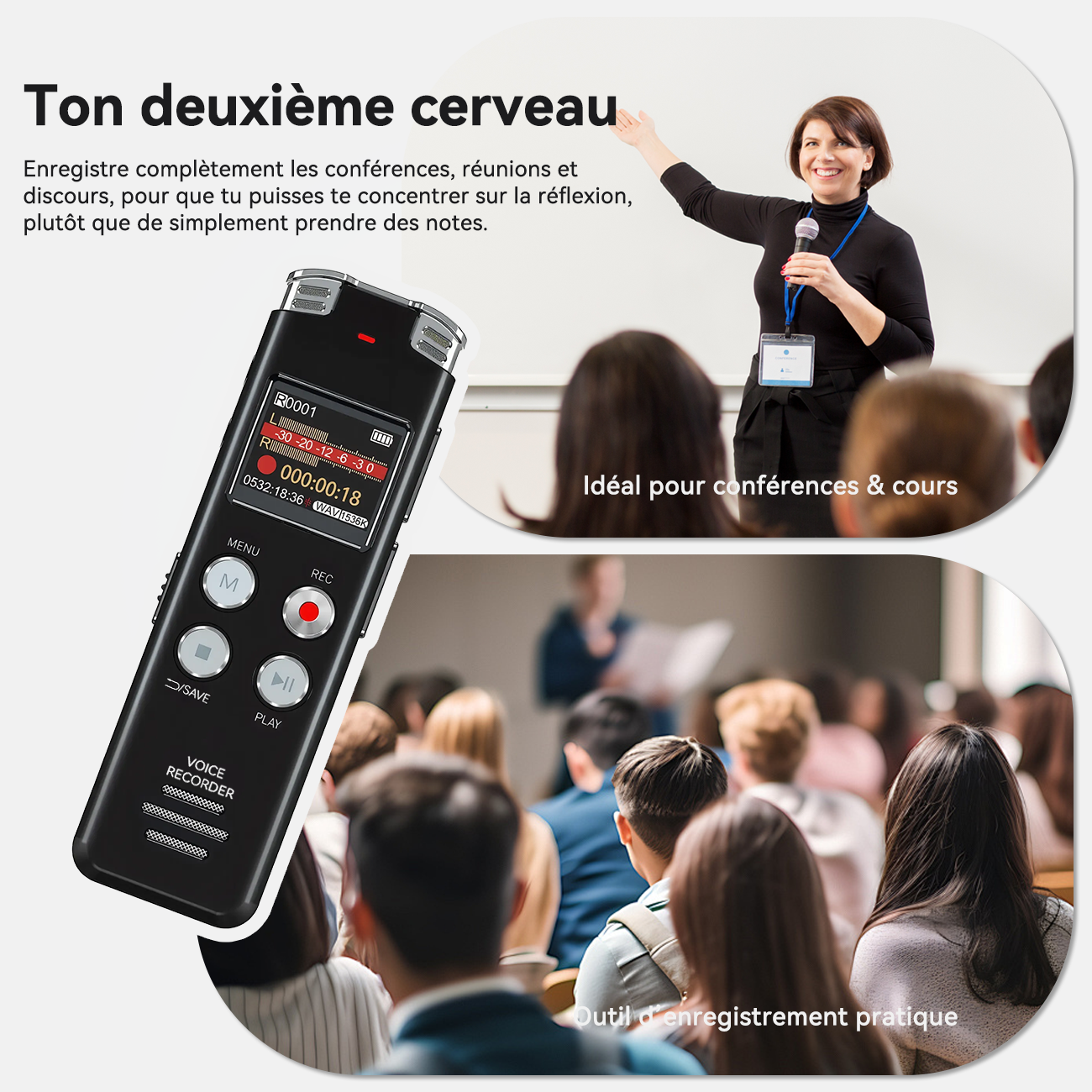 Rexsun Enregistreur vocal numérique portable 128 Go avec écran LCD, Réduction intelligente du bruit, ABS et alliage d’aluminium, Gris, L357