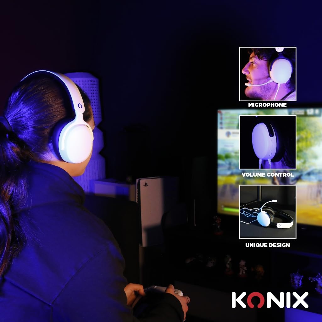Konix Casque gaming circum-aural filaire Nexus pour PS5 - Haut-parleurs 40 mm - Microphone flexible - Connexion Jack 3,5 mm - Câble 1,5 m - Blanc