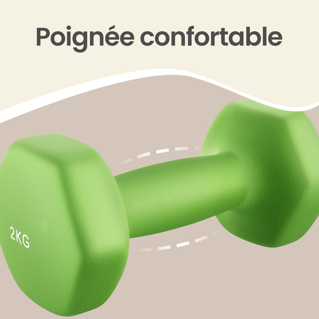 JOYFURNOSLot de 2 haltères, Poids en néoprène 2 x 2 kg, Hexagonaux, Pour entraînement à domicile et remise en forme, Vert
