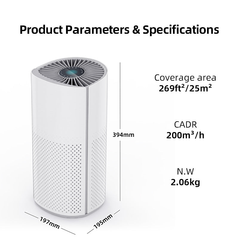 Homintell Purificateur d’air intelligent - CADR 200 m³/h, contrôle Wi-Fi, filtre HEPA H13 et à charbon actif, stérilisation UV et ioniseur, silencieux 30 dB, idéal pour pièces de 25 m²