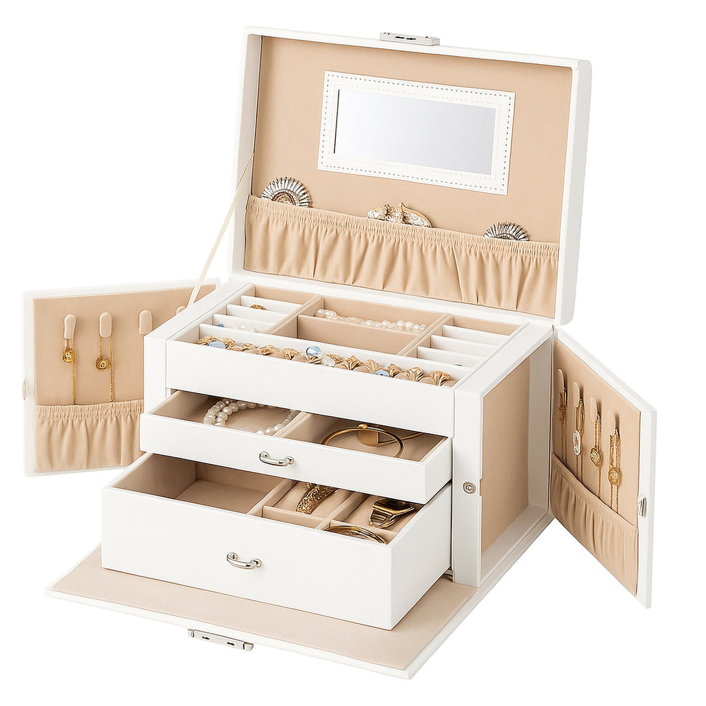 JOYFURNOS Boîte à bijoux 3 niveaux, Organisateur de bijoux avec 2 tiroirs, Étui à bijoux avec étui de voyage portable, Avec poignée, Verrouillable, Rangement pour bijoux, Cadeau pour les proches, Blanc