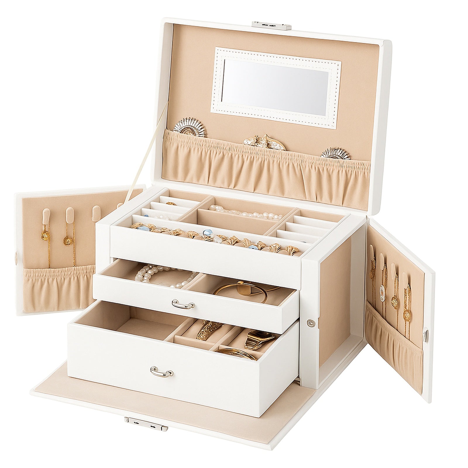 JOYFURNOS Boîte à bijoux 3 niveaux, Organisateur de bijoux avec 2 tiroirs, Étui à bijoux avec étui de voyage portable, Avec poignée, Verrouillable, Rangement pour bijoux, Cadeau pour les proches, Blanc