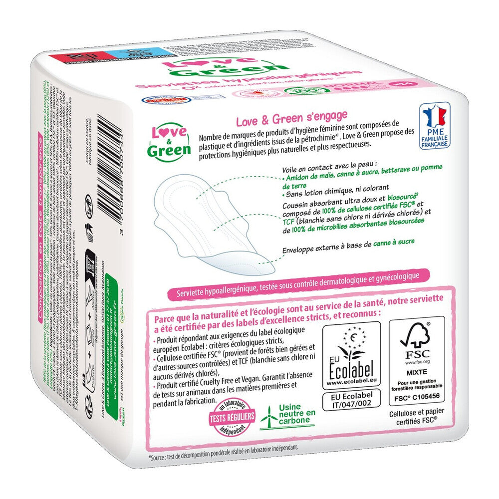 LOVE & GREEN Serviettes Hygiéniques Écologiques Hypoallergéniques Avec Ailettes Normal - 56 Serviettes (4 Paquets de 14)