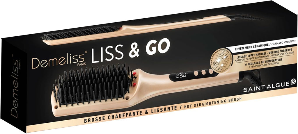 Saint Algue Demeliss LISS & GO Brosse chauffante – Revêtement en céramique – Technologie ionique – 6 réglages de température jusqu’à 230 °C – Lissage naturel avec volume préservé – Or
