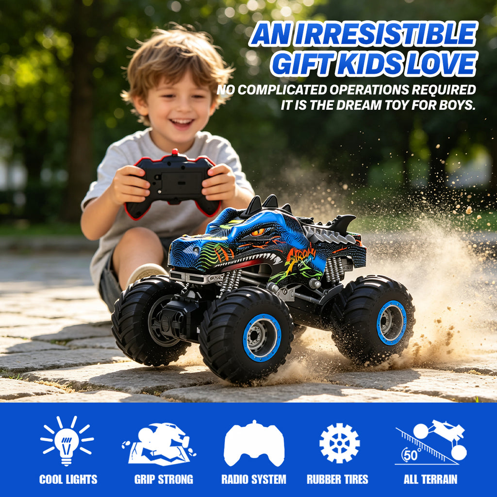 Crocodile RC Car, 2.4GHz Monster Truck Toy with Lights & Spray, Kids Birthday Gift for Ages 3-8, All-Terrain Remote Control Vehicle, Toddler Toy for Boys & Girls Over 3 Years Old