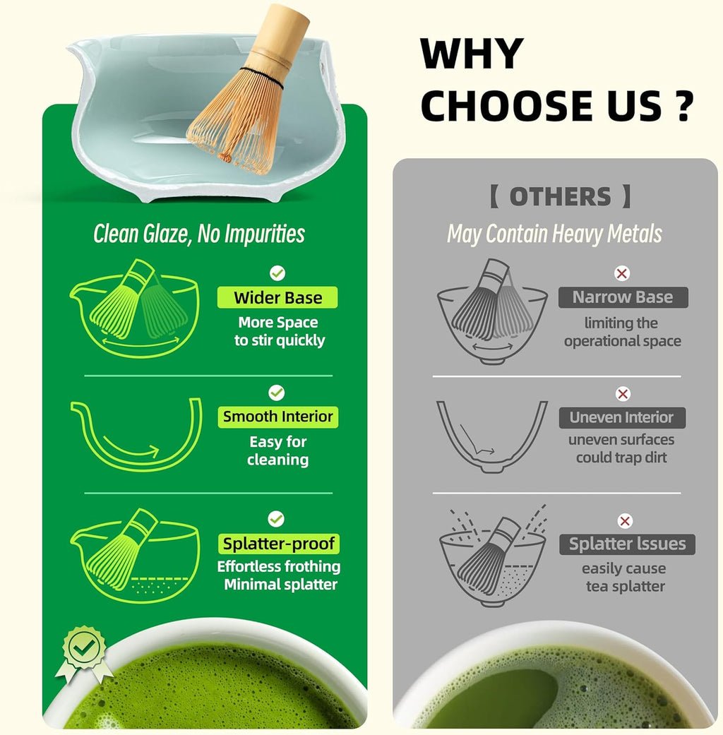 TEANAGOO Set de cérémonie du matcha en céramique 7 pièces avec fouet, bol, cuillère doseuse et tamis pour préparation de latté, cadeau pour amateurs de matcha