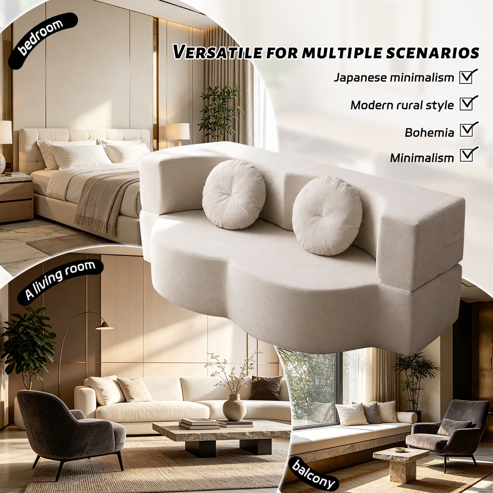 Canapé-lit 2 places avec accoudoirs larges, 2 coussins et mousse haute densité, pour salon, blanc