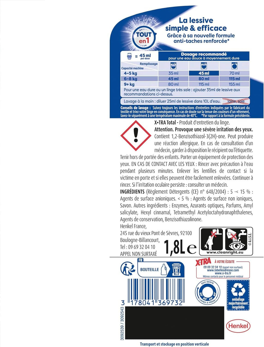 X-TRA Total 4+1 Lessive Liquide, Tous Textiles, Lavage à Froid, 40 Lavages, 1,8 L