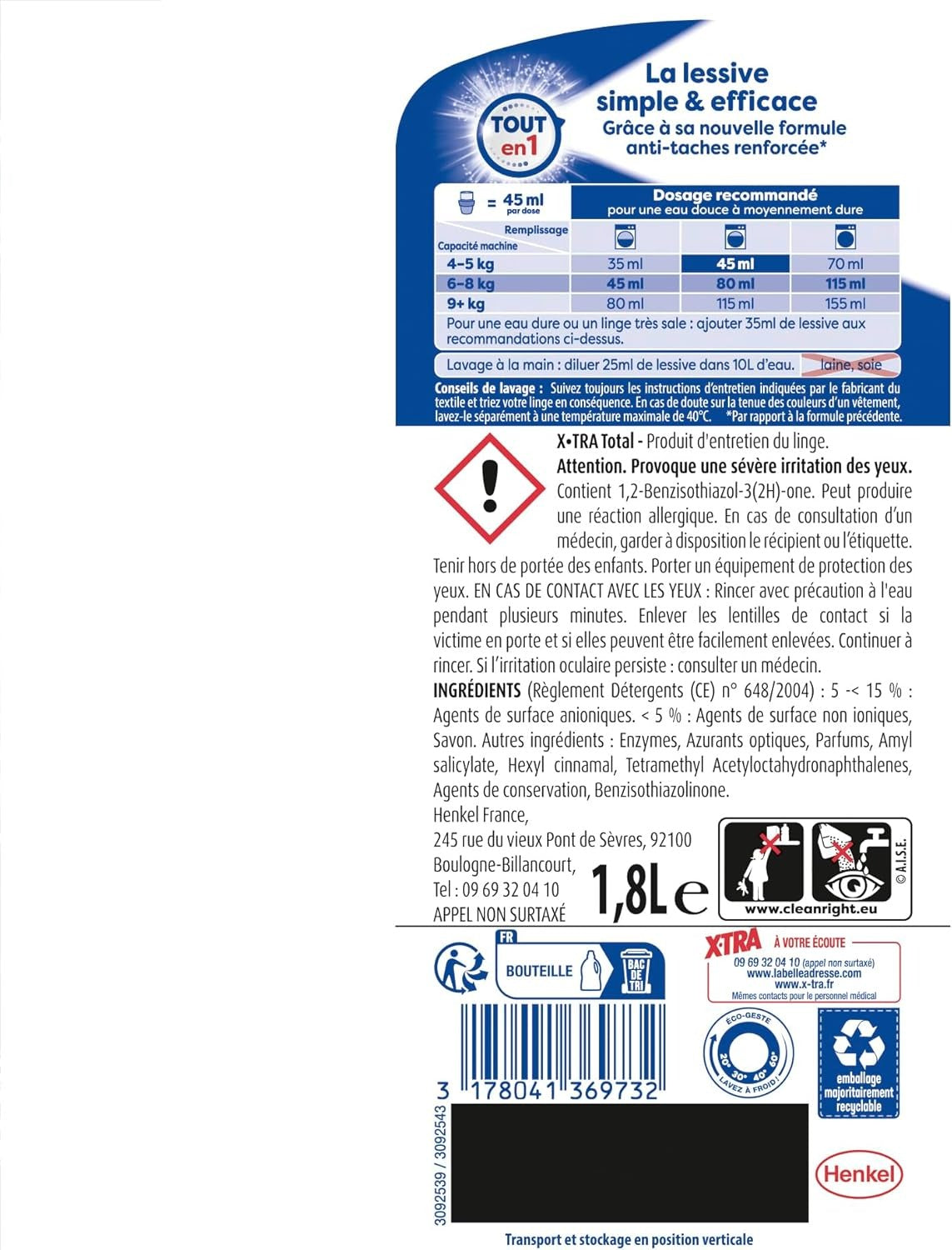 X-TRA Total 4+1 Lessive Liquide, Tous Textiles, Lavage à Froid, 40 Lavages, 1,8 L