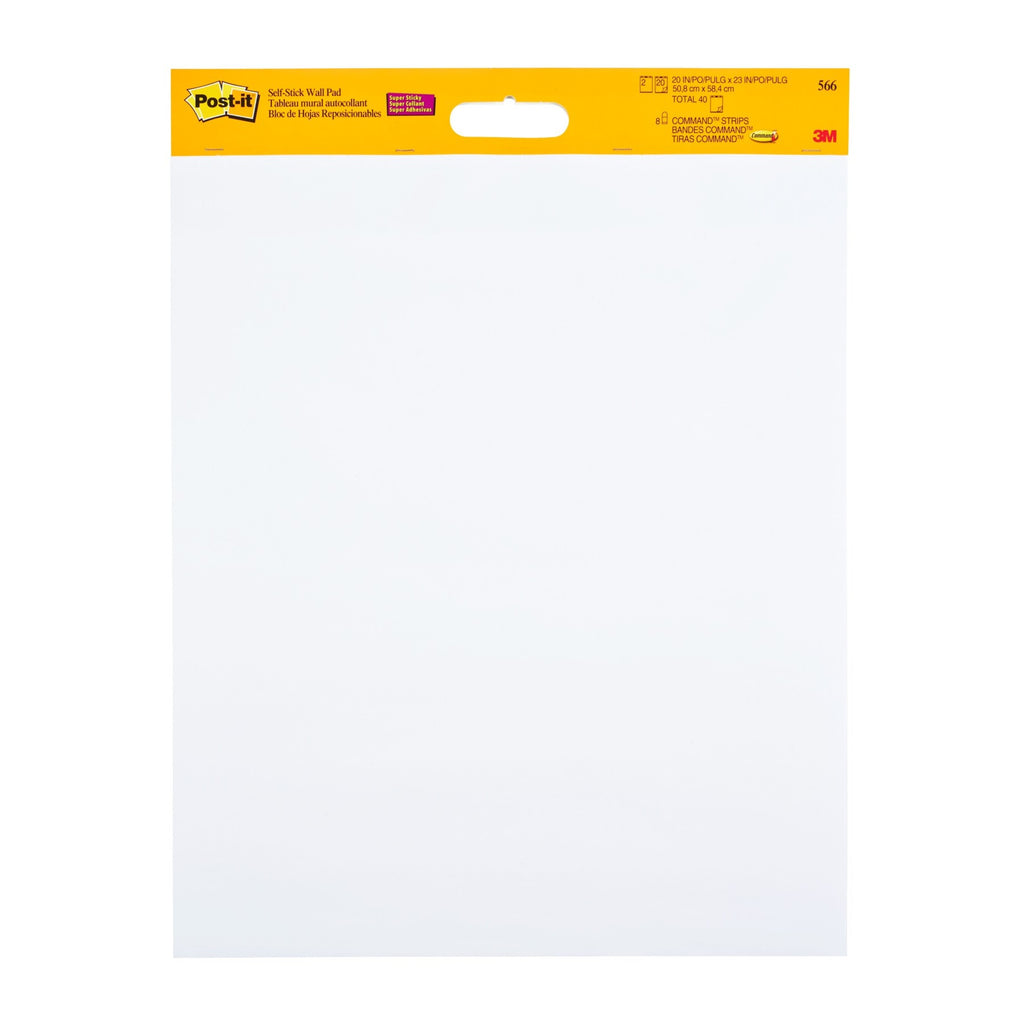 Post It Bloc mural autocollant super adhésif pour tableau de réunion, 566, Blanc, 58,4 cm x 50,8 cm, 20 feuilles/bloc, 2 blocs/lot, 100 % PEFC, SGSCH-PEFC-COC-110078 + 8 bandes adhésives Command™/lot
