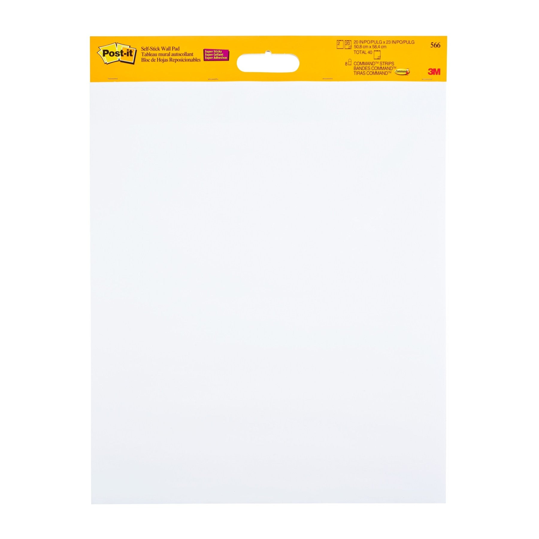 Post It Bloc mural autocollant super adhésif pour tableau de réunion, 566, Blanc, 58,4 cm x 50,8 cm, 20 feuilles/bloc, 2 blocs/lot, 100 % PEFC, SGSCH-PEFC-COC-110078 + 8 bandes adhésives Command™/lot