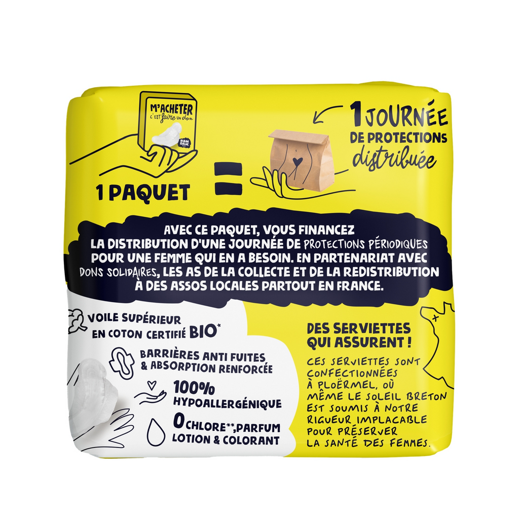 RAMDAM SOCIAL Serviettes Hygiéniques Ultra-Minces avec Ailettes Flux Normal Coton Bio x14