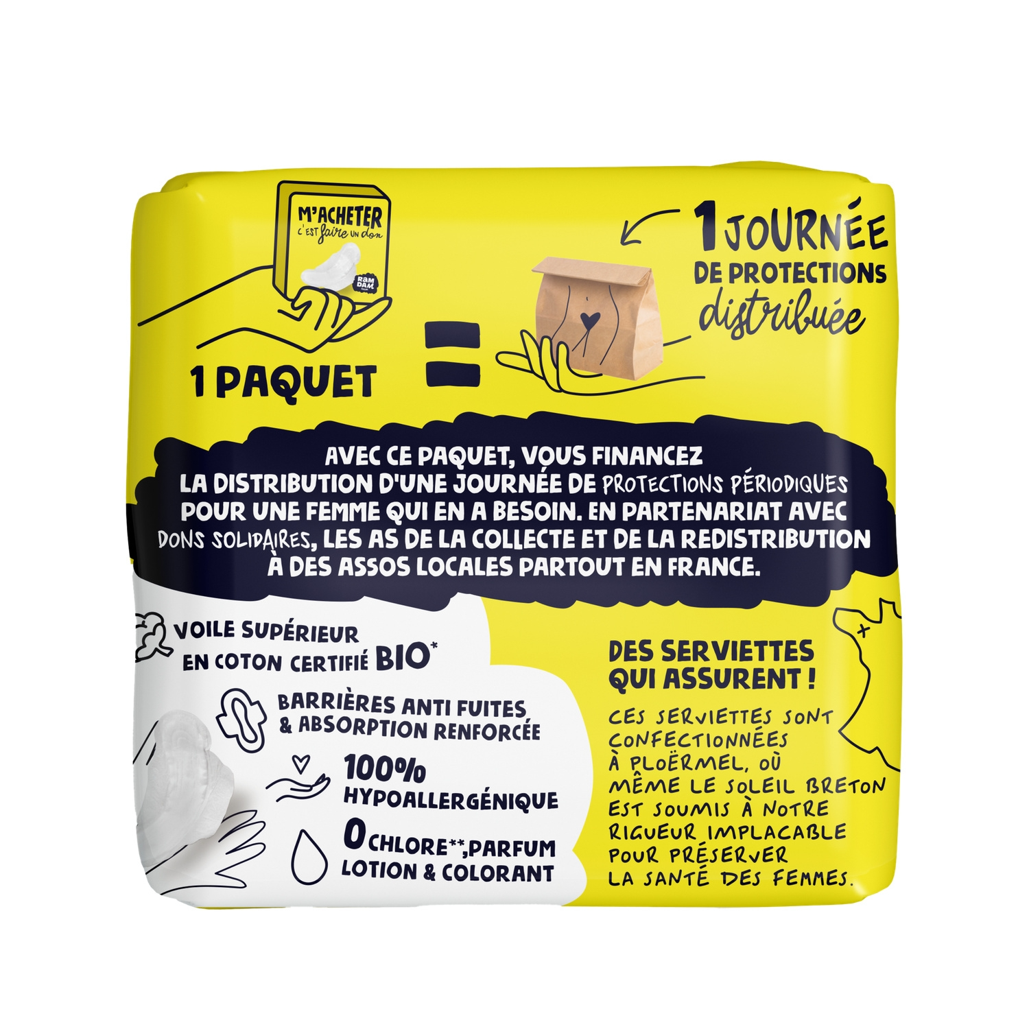 RAMDAM SOCIAL Serviettes Hygiéniques Ultra-Minces avec Ailettes Flux Normal Coton Bio x14
