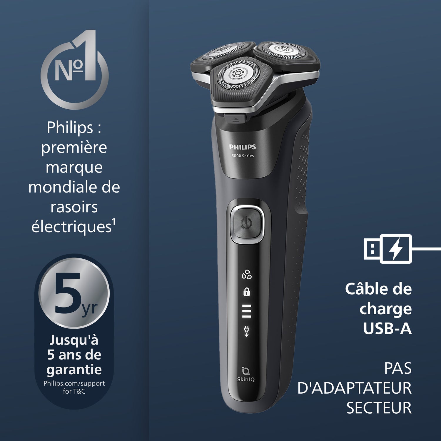 Philips Series 5000 S5885/50 Rasoir électrique avec lames SteelPrecision, capteur Power Adapt, têtes flexibles 360°, tondeuse rétractable, rasage humide & sec - Noir