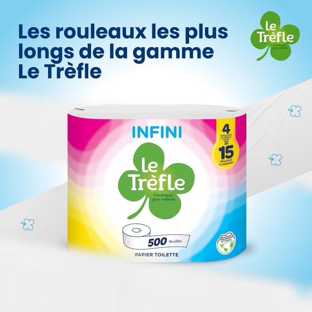 LE TRÈFLE Infinity Papier Toilette 2 Épaisseurs Maxi Rouleaux, 500 Feuilles par Rouleau, 4 Rouleaux
