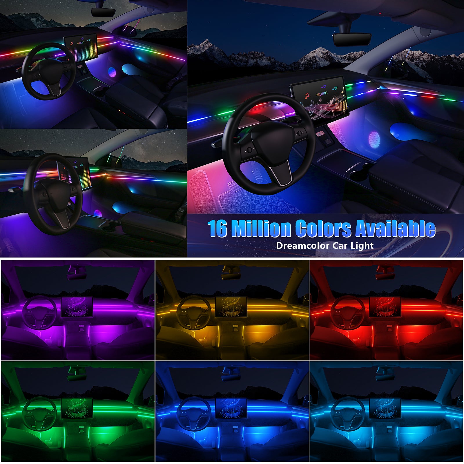 Dream+color Kit d'éclairage 593 LED pour intérieur de voiture en acrylique avec application sans fil, 22-en-1 - 444,5 cm