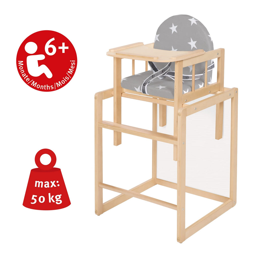 roba Little Stars Chaise Haute en Bois Évolutive avec Coussin de Siège Rembourré et Plateau Amovible (Naturel)