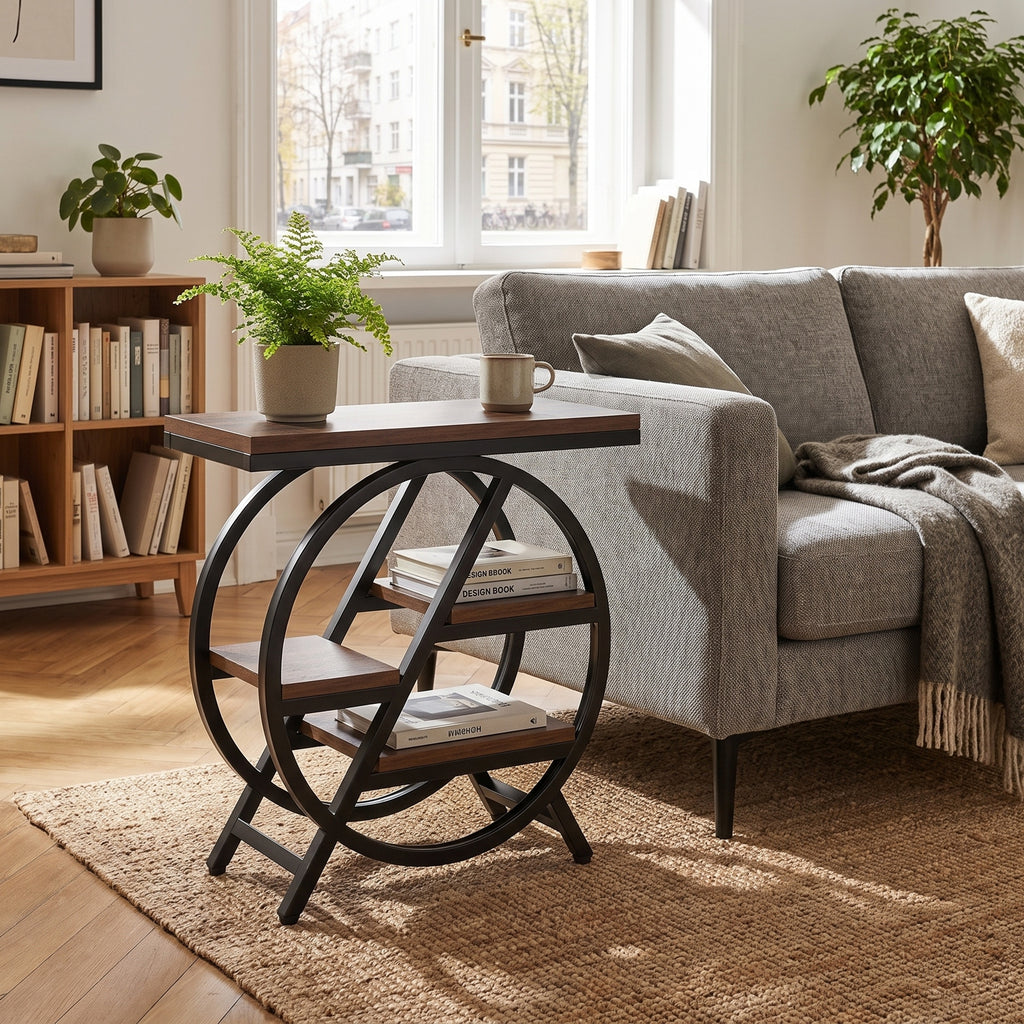 LANTINE Table d'appoint 3 niveaux avec rangement Cadre métallique géométrique style industriel Marron rustique