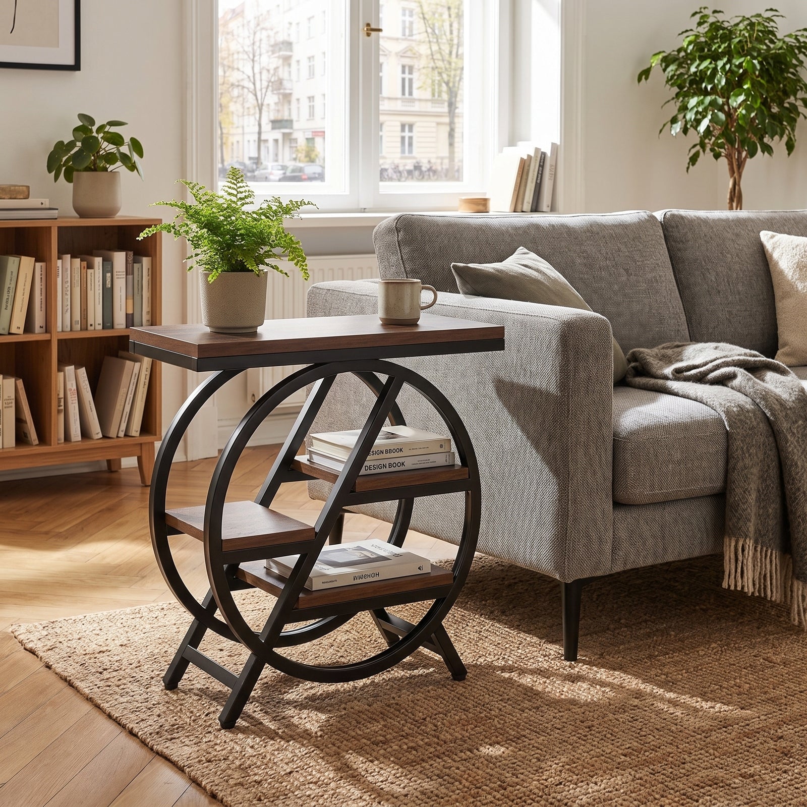 LANTINE Table d'appoint 3 niveaux avec rangement Cadre métallique géométrique style industriel Marron rustique