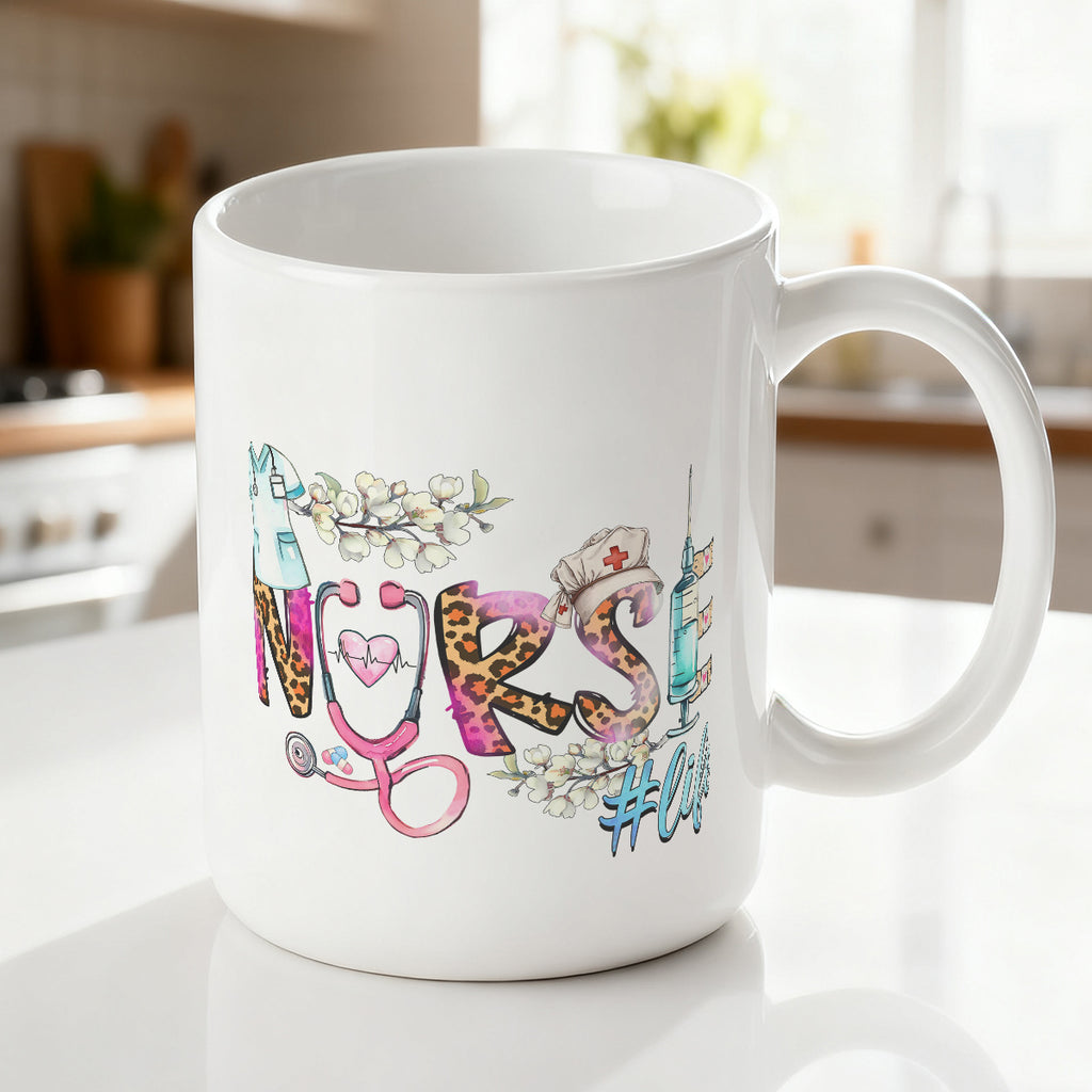 Alphynix Mug blanc 1 pièce 11 oz avec motif créatif "INFIRMIÈRE #vie" avec stéthoscope et pansements adhésifs, cadeau idéal pour la Journée des infirmières, cadeau de Saint-Valentin