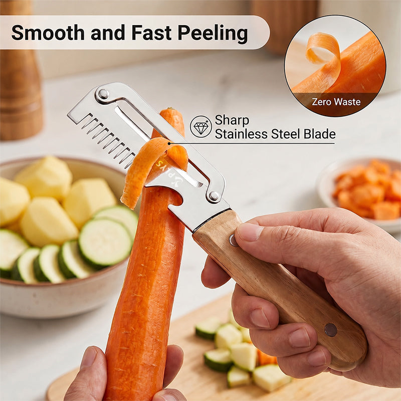 Éplucheur multifonction avec manche en bois, outil de cuisine pour éplucher et râper les fruits et légumes, ensemble familial, 2 pièces