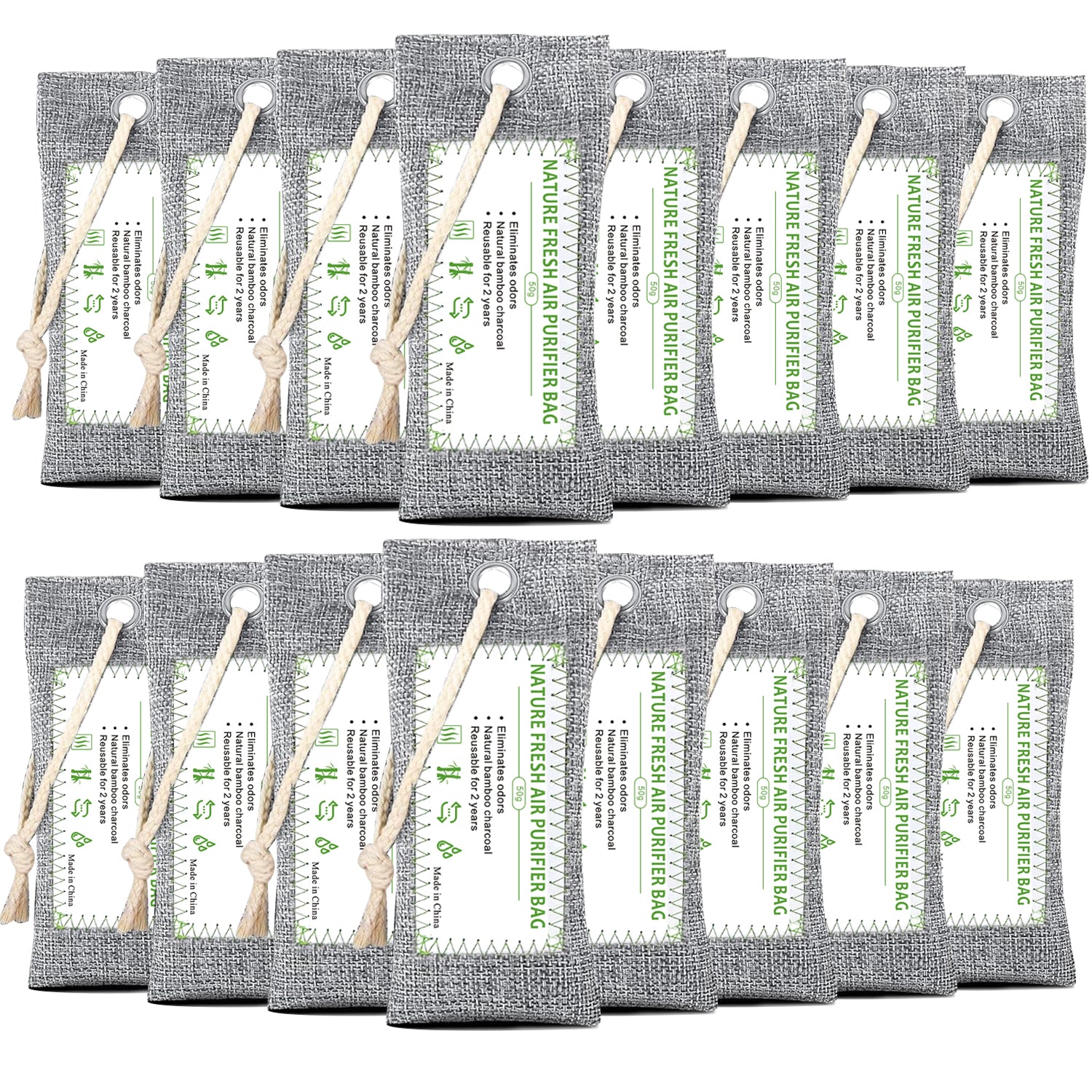 Zooly 6 x 50 g sacs de purification de l'air en bambou, sacs en charbon actif, absorbeur d'odeurs, absorbeur d'humidité, désodorisant d'auto naturel, désodorisant pour chaussures, éliminateurs d'odeurs pour la maison, pour animaux, pour placard