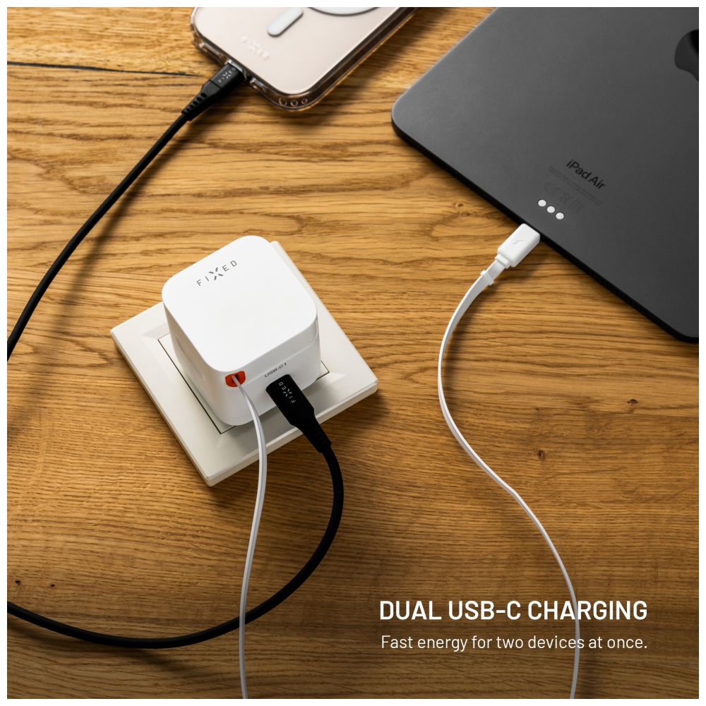 FIXED Chargeur de voyage GaN 65W avec câble rétractable, double USB-C, Charge Rapide PD 3.0, Blanc