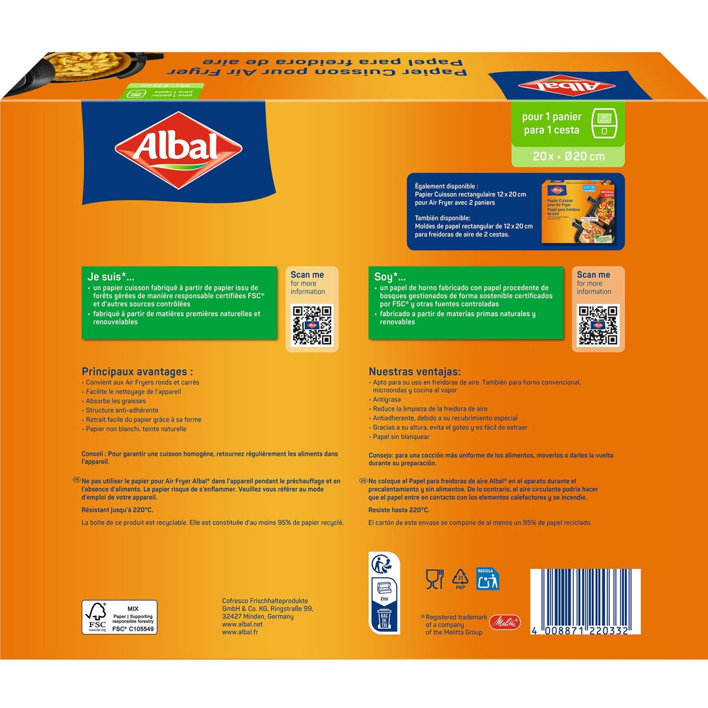 ALBAL Papier Cuisson pour Friteuse à Air, Antiadhésif, Certifié FSC, Diamètre 20 cm, 20 Feuilles