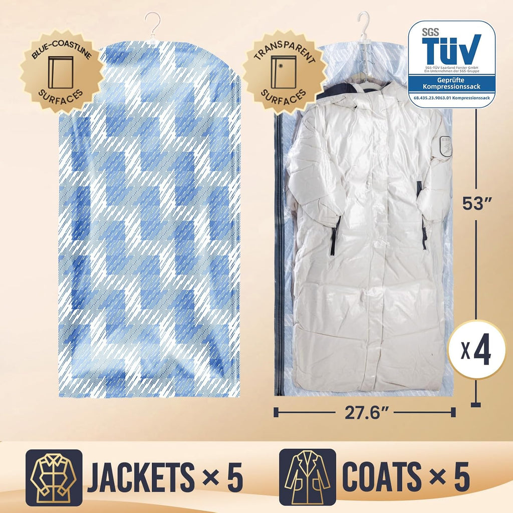 Taili Sacs de rangement sous vide à suspendre pour vêtements, costumes, manteaux ou vestes, organiseur de placard, lot de 4 Jumbo Bleu