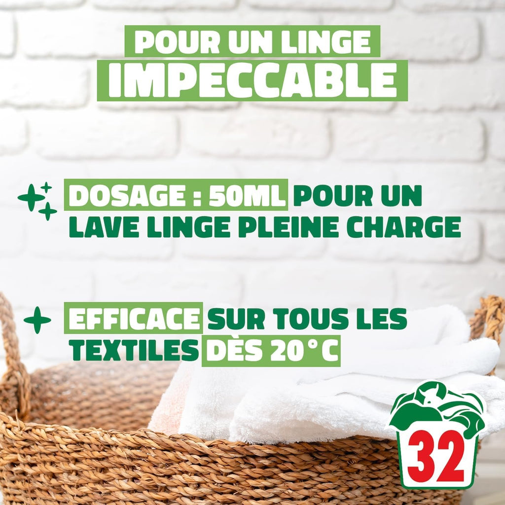 RAINETT Recharge Lessive Liquide Écologique au Savon de Marseille 1.6L (32 Lavages)