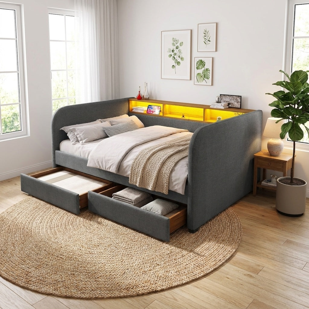 URBAN MEUBLE Lit superposé 140x190 cm, 1 pièce, tissu en lin, gris, avec tête de lit LED et prise de charge USB-C