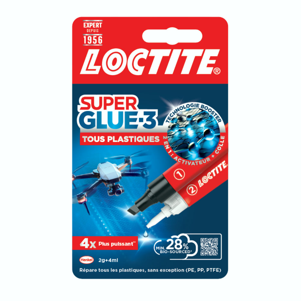 Henkel Loctite – Super Glue-3 Tous Plastiques (tube de 2 g + stylo activateur de 4 ml) – Colle forte transparente pour tous plastiques – Transparente à séchage immédiat