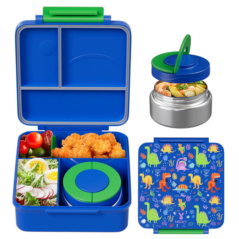 Meoky Boîte repas compartimentée à loquet unique 54 oz - Dinosaure bleu