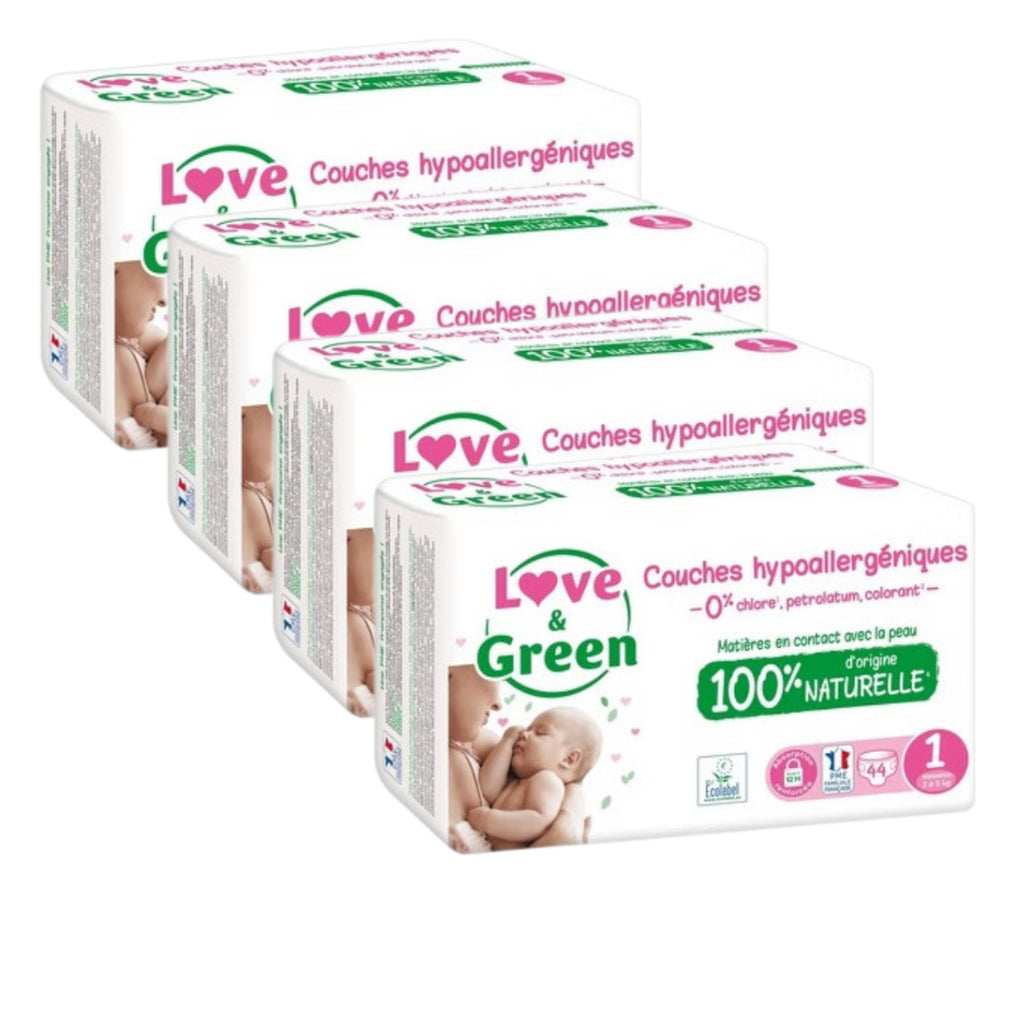 LOVE & GREEN Couches pour bébé Taille 1 2-5 kg Hypoallergéniques Naturelles - Lot de 4 (176 couches au total)