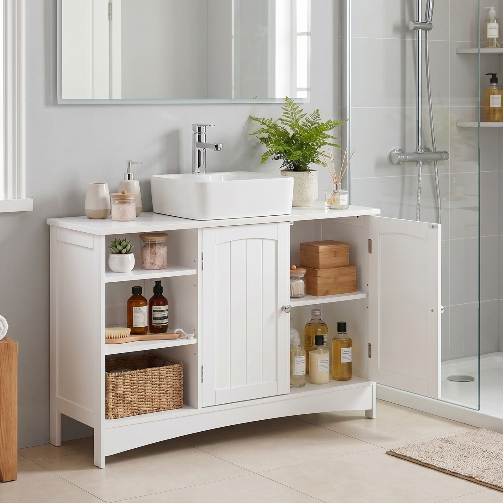 Ochama Meuble de salle de bain blanc réglable en hauteur, meuble sous-vasque extra long avec 2 portes, meuble de rangement pour salle de bain