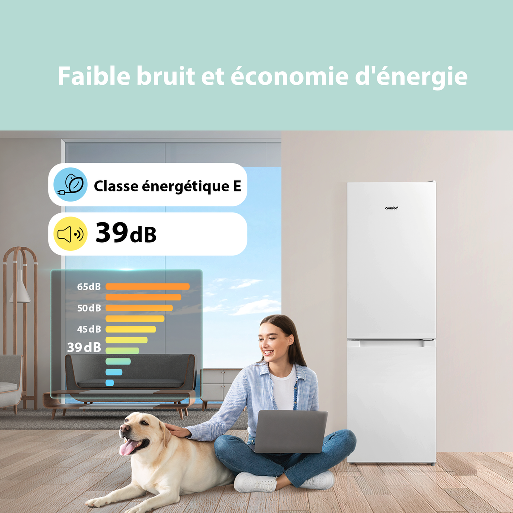 Comfee' RCB169WH2(E) 174 L 70/30 Réfrigérateur-congélateur pose libre, Hauteur 150 cm, Low Frost, Congélateur 4 étoiles, Silencieux 39 dB, Thermostat réglable, Éclairage LED, Porte réversible, Blanc [Classe énergétique E]