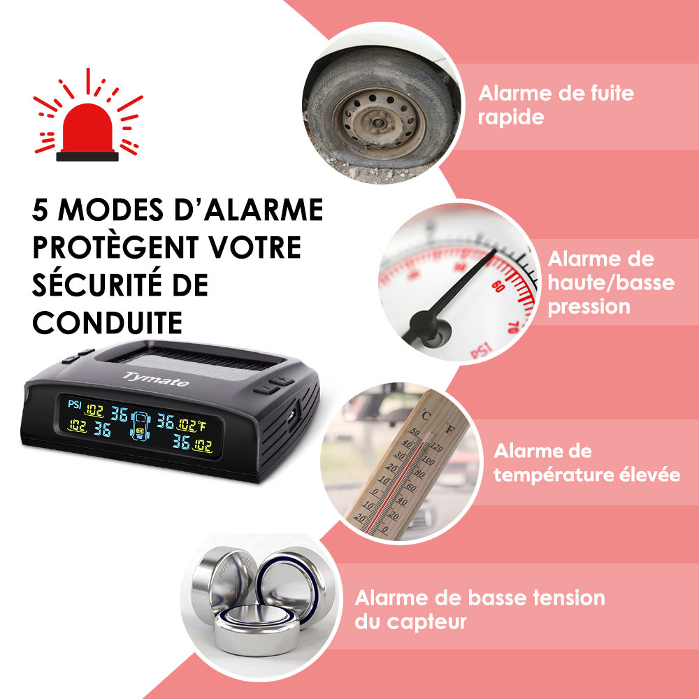 Tymate Système de surveillance de la pression des pneus pour camping-car, À énergie solaire avec 4 capteurs, 0 à 87 PSI, 6 modes d'alarme, Écran LCD couleur
