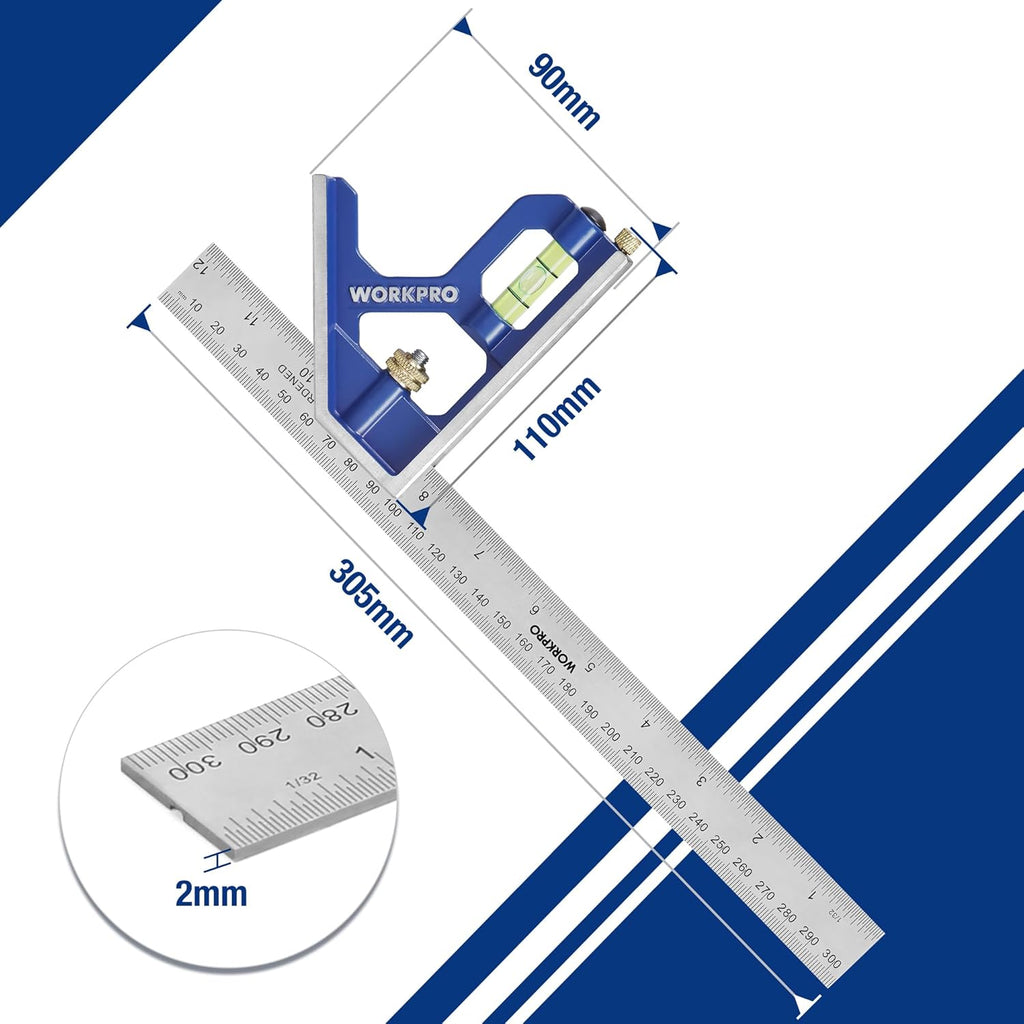 WORKPRO Équerre combinée 12in/300 mm, construction en acier inoxydable et zinc, 32 cm, bleu transparent, graduation 0-300 mm, outil de mesure pour ingénieurs et menuisiers