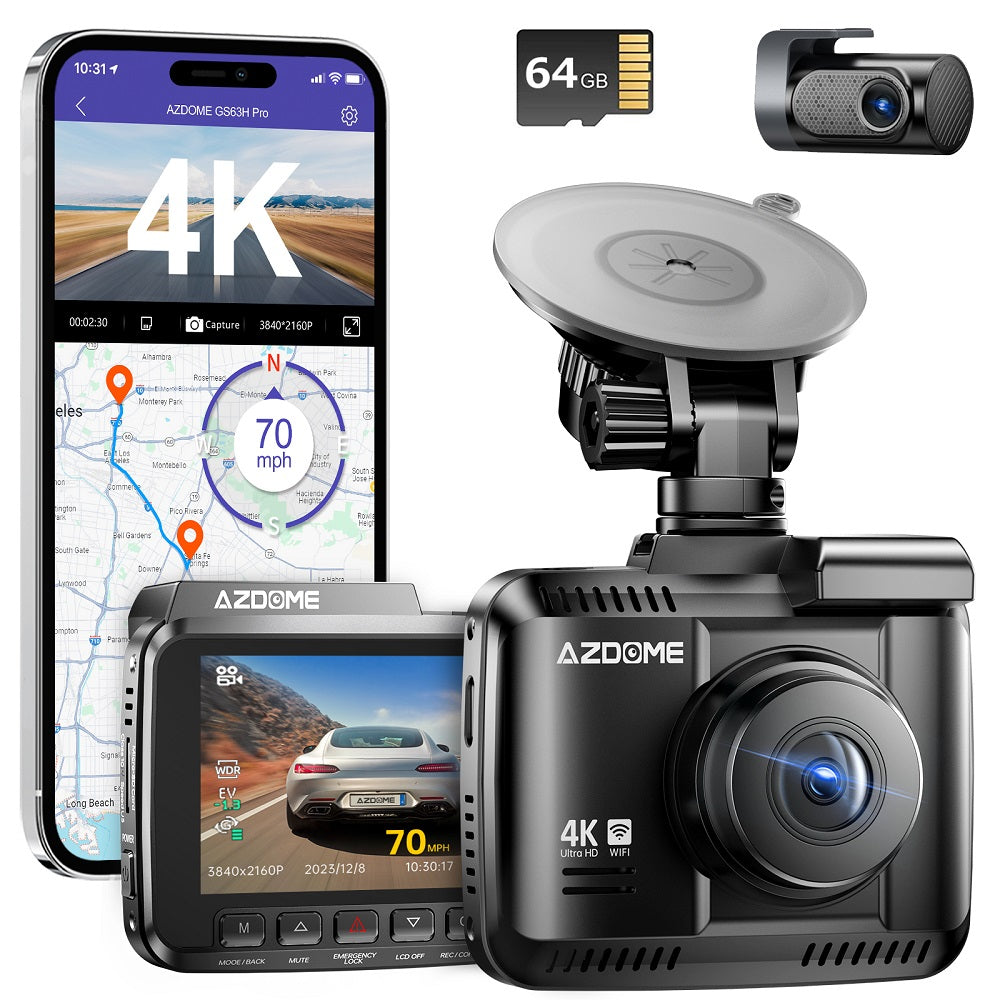 AZDOME GS63H Pro Caméra embarquée de voiture 4K avant et arrière avec GPS, Wi‑Fi et technologie Starvis