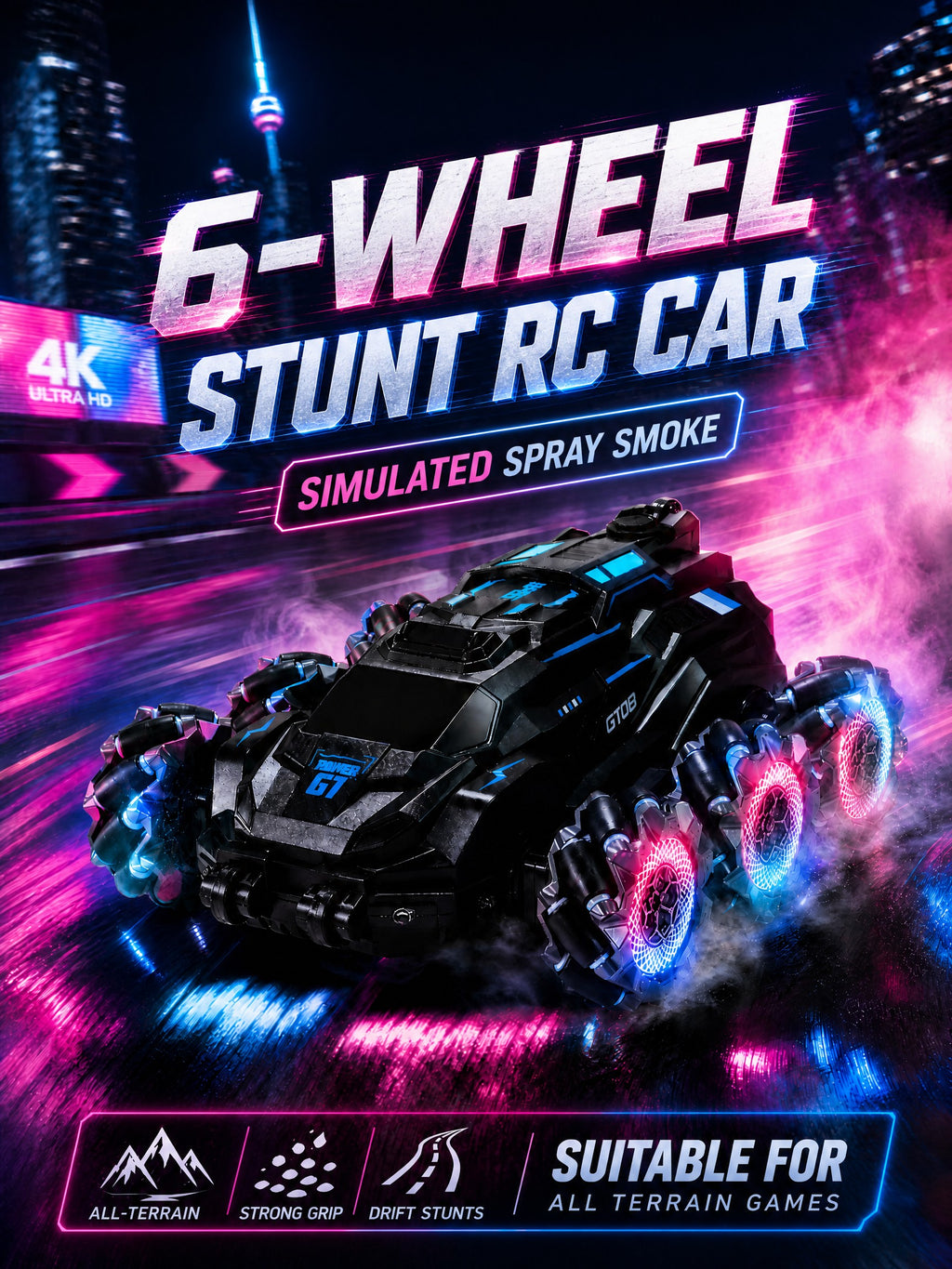 Voiture de Cascade RC 6WD en Alliage Métallique, Design Brume, Télécommande 2,4 g, Drift Latéral et Rotation à 360°, Lumières LED et Musique, Jouet Tout-Terrain pour Enfants 6+, One Piece en Bleu