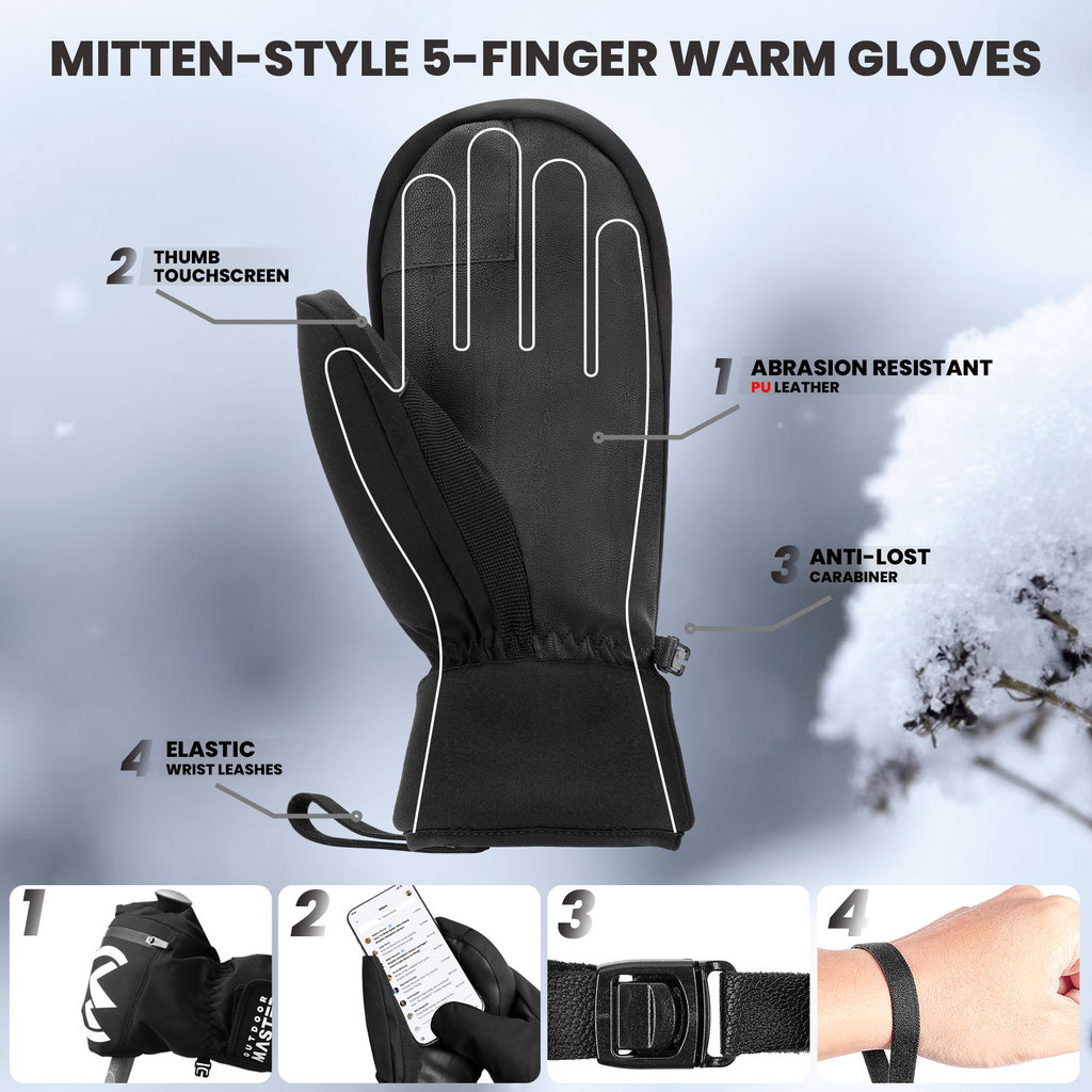 OutdoorMaster Moufles de ski adulte pour femmes et hommes, Gants de ski imperméables et coupe-vent, Gants de snowboard chauds d'hiver Noir L
