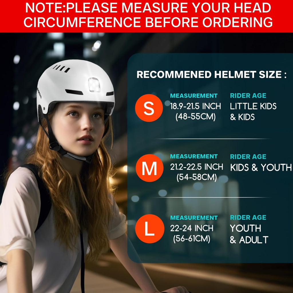 DKONI HS-158 Casque de vélo adulte rechargeable USB avec éclairage avant et arrière Pour hommes et femmes Blanc S 48-55 cm