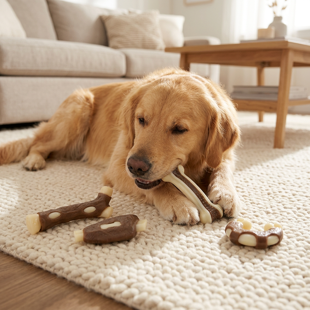 Blinkit Lot de 4 jouets à mâcher pour chien saveur viande, friandise de nettoyage des dents en cuir brut et nylon, soulage l’ennui