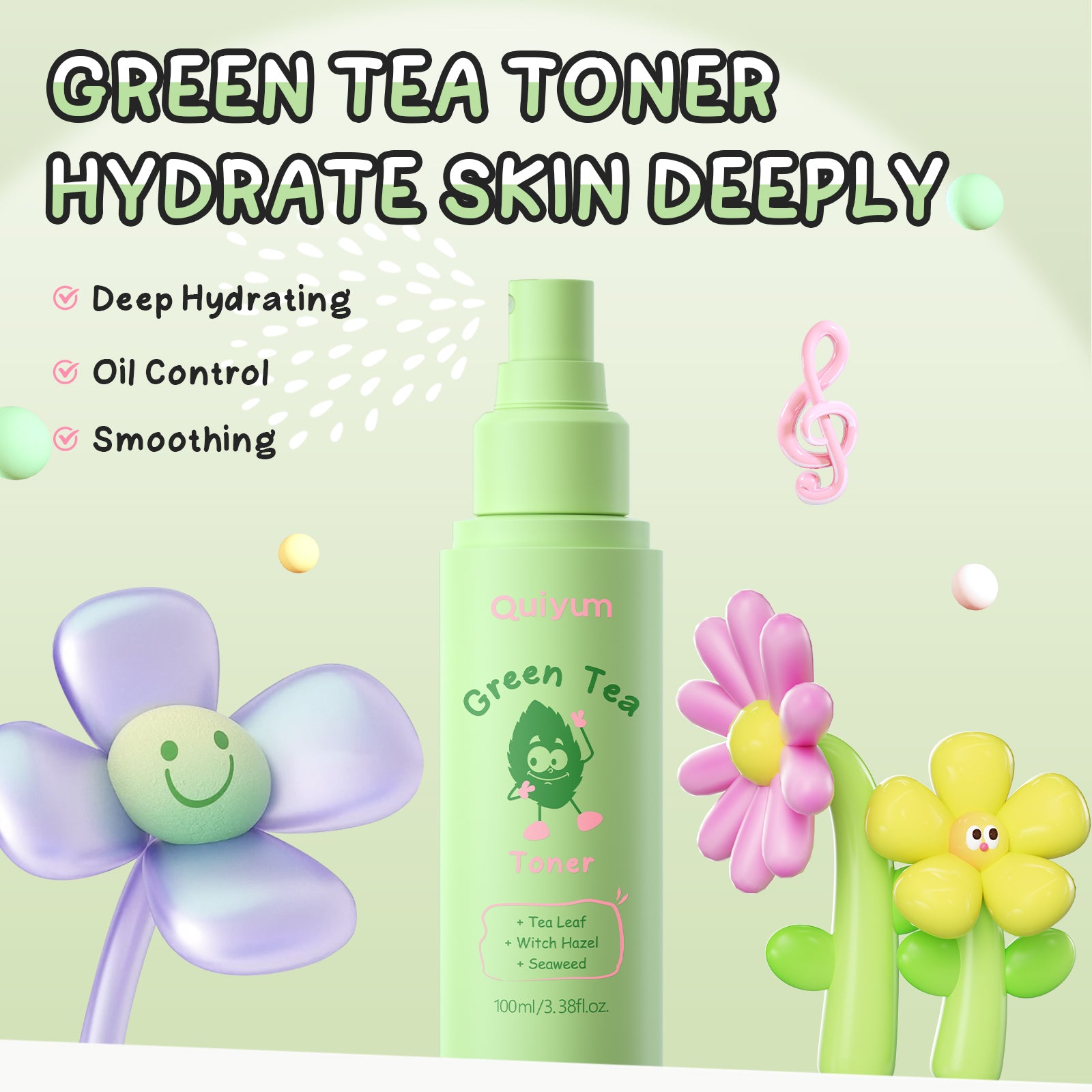 QUIYUM Coffret de soins au thé vert - Nettoyant 80 g, Lotion tonique 100 ml, Crème contour des yeux 20 g, Masque à l’argile 100 g, avec stickers pour ongles, serviette