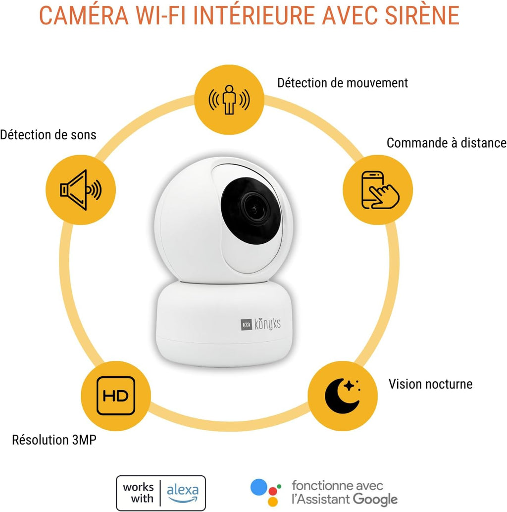 Konyks Camini 2 Caméra de Surveillance Intérieur motorisée PTZ Wi-Fi Sirène intégrée Détection Sons et Mouvements, Blanc