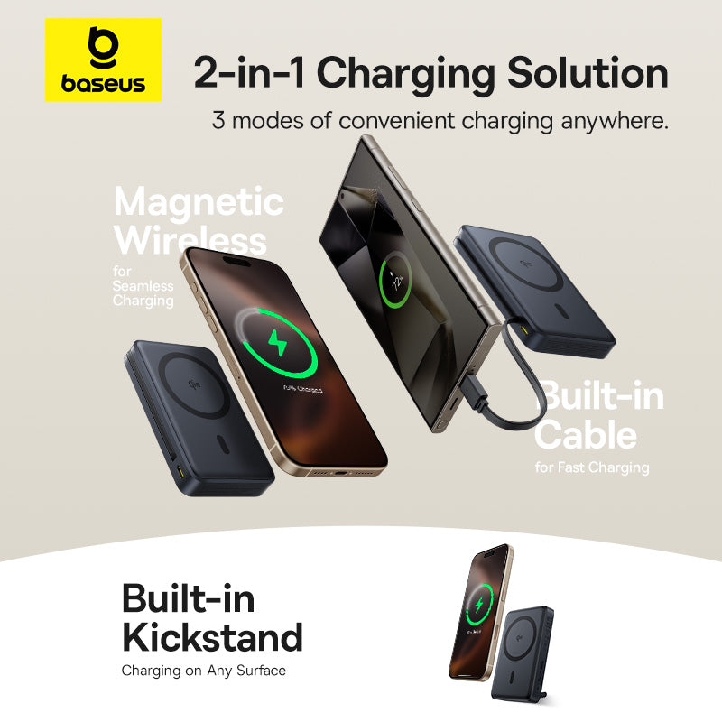 Baseus Nomos Qi2 Batterie portable avec support magnétique filaire USB-C intégré 10000 mAh 45 W - Noir interstellaire